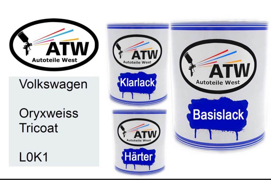 Volkswagen, Oryxweiss Tricoat, L0K1: 1L Lackdose + 1L Klarlack + 500ml Härter - Set, von ATW Autoteile West.